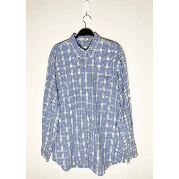 Peter Millar Mens Long Sleeve Dress Shirt Blue White Green Plaid Check Cotton XL