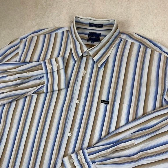 Faconnable Mens XXL‎ Blue/Tan/White Striped Long Sleeve Button Down Cotton Shirt