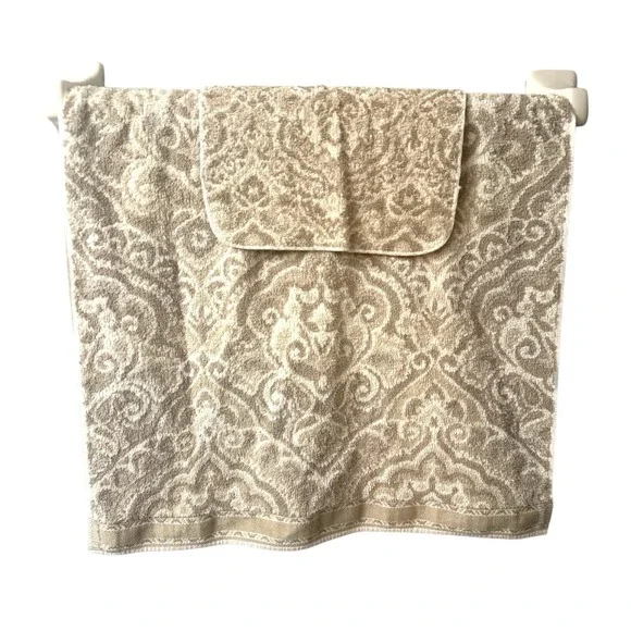 Vintage Fieldcrest MCM Traditional Towel Set USA 100%‎ Cotton Brown Damask 80s