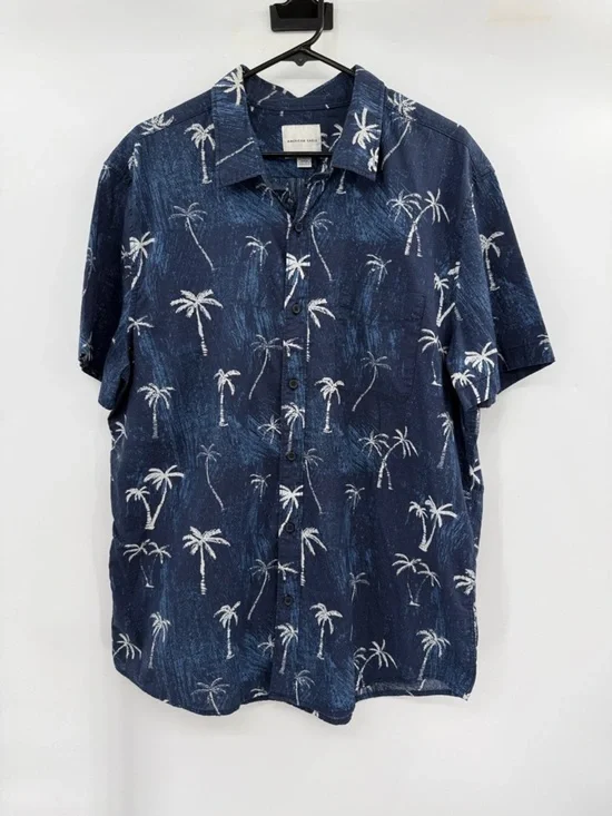 American Eagle Outfitters Navy Short-Sleeve Palm Print Button-Down Size XXL