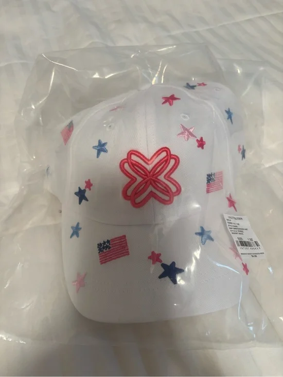 Lilly Pulitzer White Baseball Cap with Pink & Blue Star & Flag Embroidery