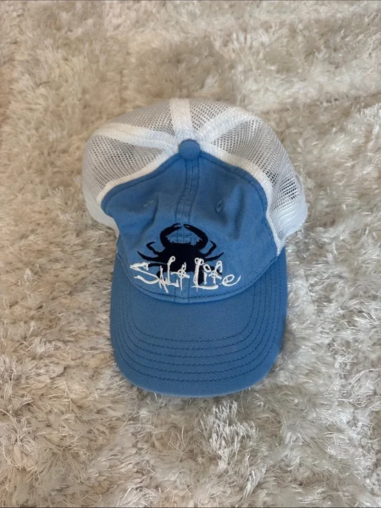 Salt Life Blue and White Mesh Trucker Hat with Crab Logo