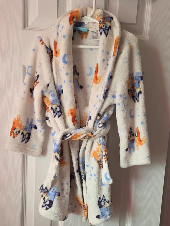 Plush Kids Bathrobe with Blue and Orange Puppy Print