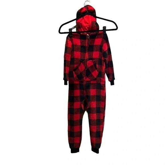 Cat & Jack Buffalo Plaid Plush Fleece One Piece Sleeper with Hood Size 4 Red