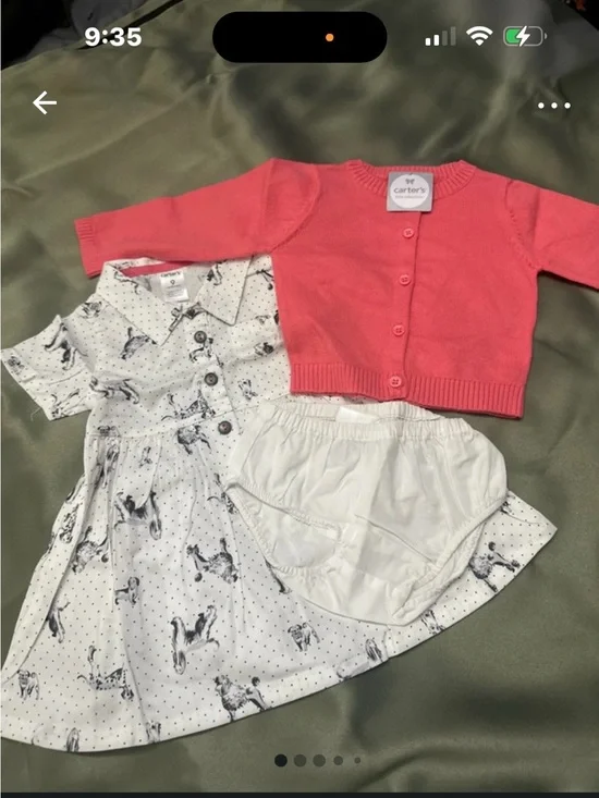 Carter's Coral Pink Cardigan with White Horse Print Dress and White Bloomers