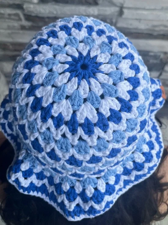 Handmade Blue & White Crocheted Bucket Hat