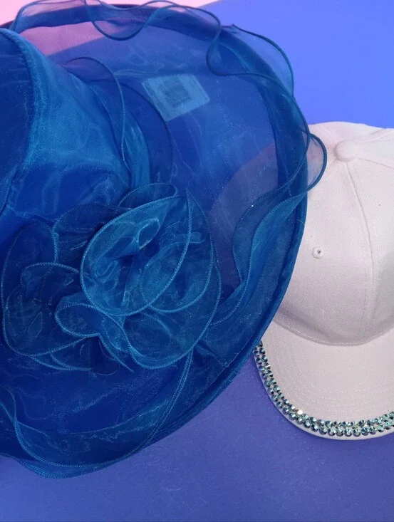Organza Floral French Style Sun Hat And Pink Rhinestone Embellished Baseball Cap