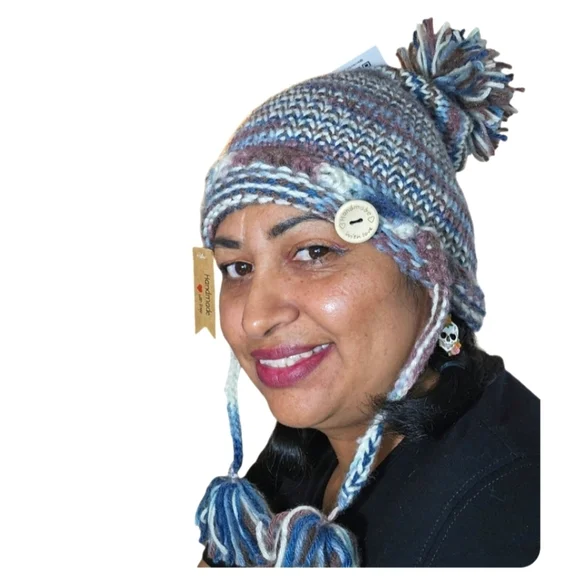 Hand Crafted Winter Hat Handmade knitted pom pom beanie multicolored crochet cap