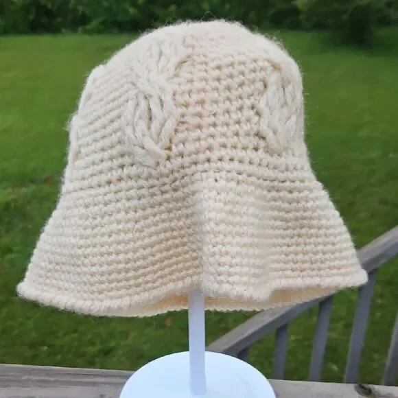 Vintage Cream Crochet Bucket Hat | Handmade Acrylic Cable Knit Style