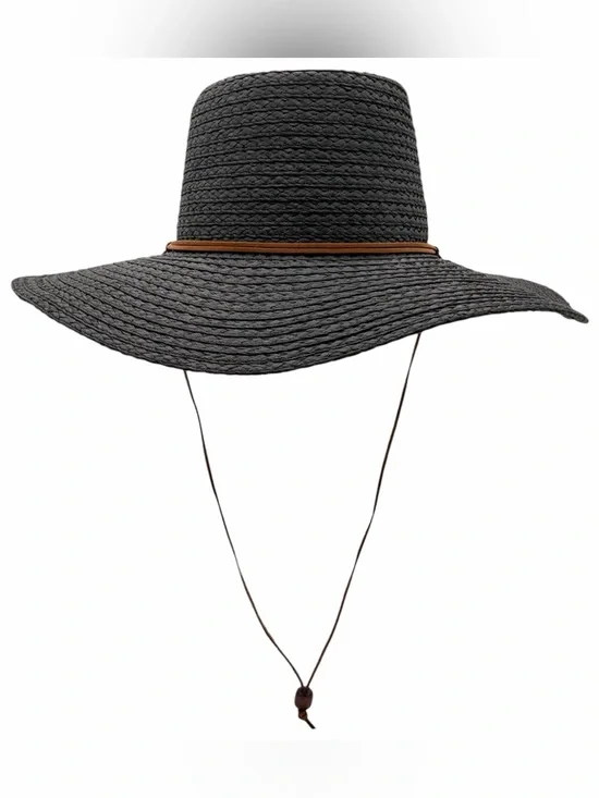 Black Wide Brim Straw Sun Hat with Brown Chin Cord