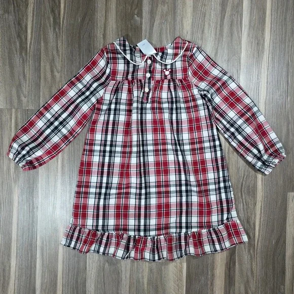 Disney‎ Kids Red Plaid Mickey Mouse Nightgown Collar Ruffle Hem Size 5/6