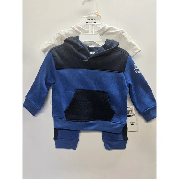 DKNY  12M, Set‎ Of 3, Blue Pull Over Hoodie/Blue Pants/ Crew Neck White T Shirt
