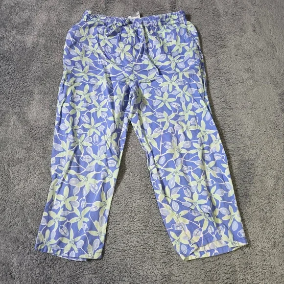 Lilly Pulitzer Girls 14‎ Pajama Pants Blue Green Floral Cotton Crop Drawstring