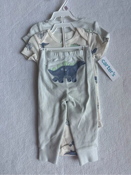 Carter's Baby Dino Onesie and Pant 3 Piece Set in Cream, Blue and Green NWT
