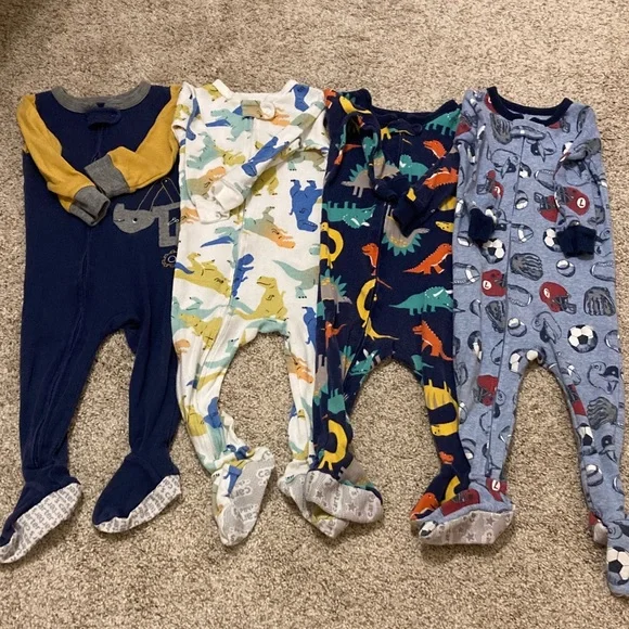 Carter’s Boy Bundle 12 Month Sleeper Footed Pajamas Dinosaur and Sport Theme