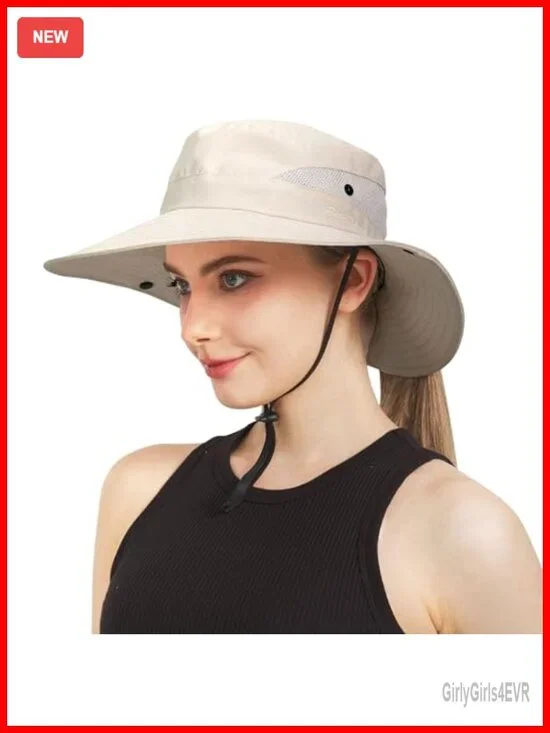 Wide Brim UPF 50 Sun Hat with Ponytail Hole Adjustable Drawstring Foldable