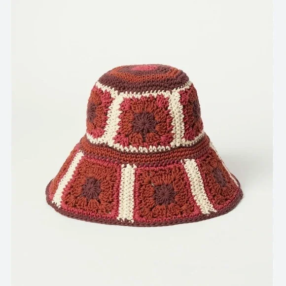 Lucky Brand Granny Square Crochet Bucket Hat Women One Size Burgundy Multi Boho