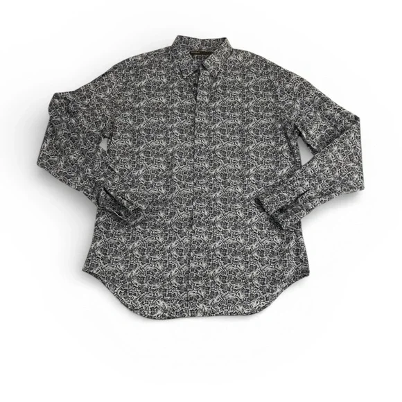 PERRY ELLIS Men’s Long Sleeve Shirt Black And White Floral Pattern Size Large