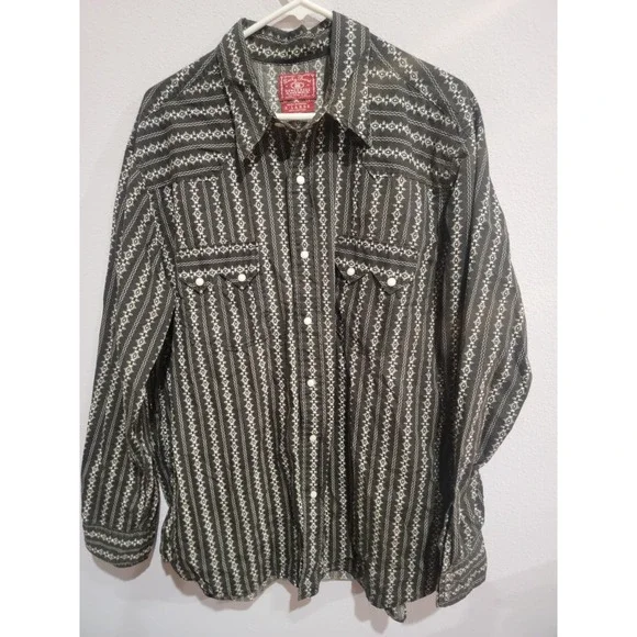LUCKY‎ BRAND Western Shirt Pearl Snap Black White Print Sz XL Long Sleeve