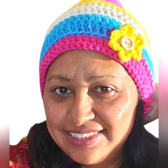 Hand Crafted Crochet Beanie Oversized Multicolored Pink pompom winter hat unique