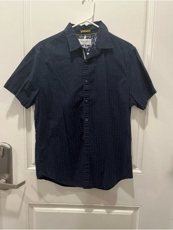 Denim & Flower Men's Navy Short-Sleeve Button-Down Shirt with Micro Dot Print