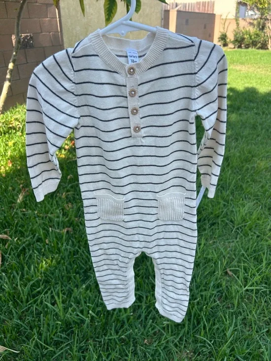 Carter's Cream and Black Striped Knit Romper