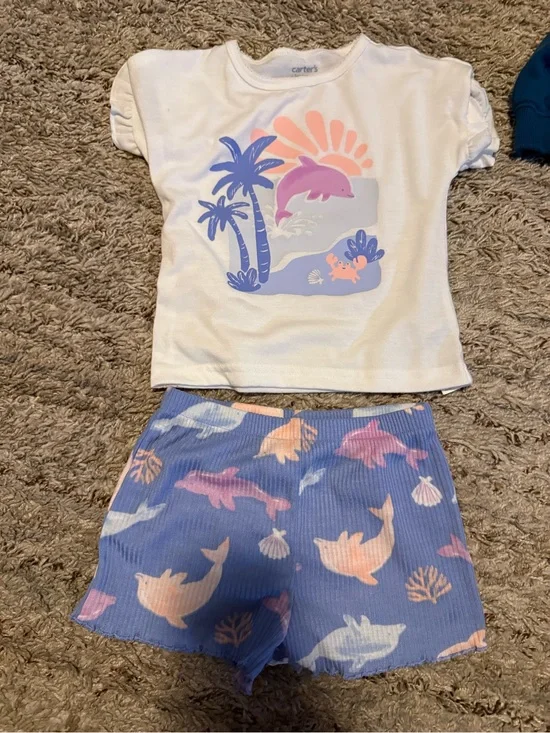 Carter's White Top with Lavender Dolphin Print & Purple Shorts Pajama Set