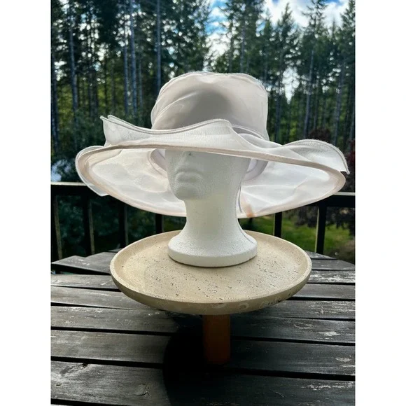 Women Blush Pink Sheer Organza Wide Brim Church Derby Hat Cream Floral Tea Party