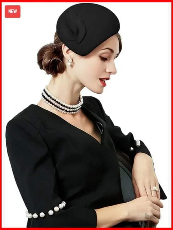 Vintage Wool Felt Fascinator Hat with Pearl Trim for Church Wedding Derby