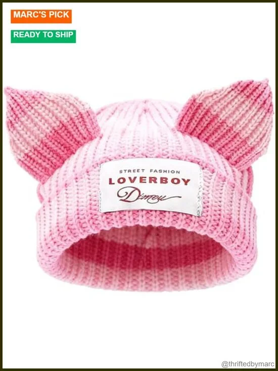Crochet Cat Ear Beanie Hat - Y2K Soft Slouchy Knit