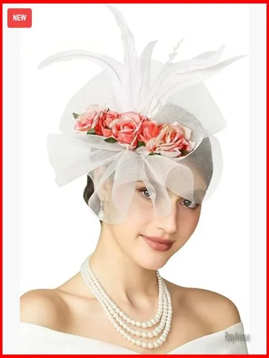 White Fascinator Hat with Feathers Flowers Headband Hair Clip Derby