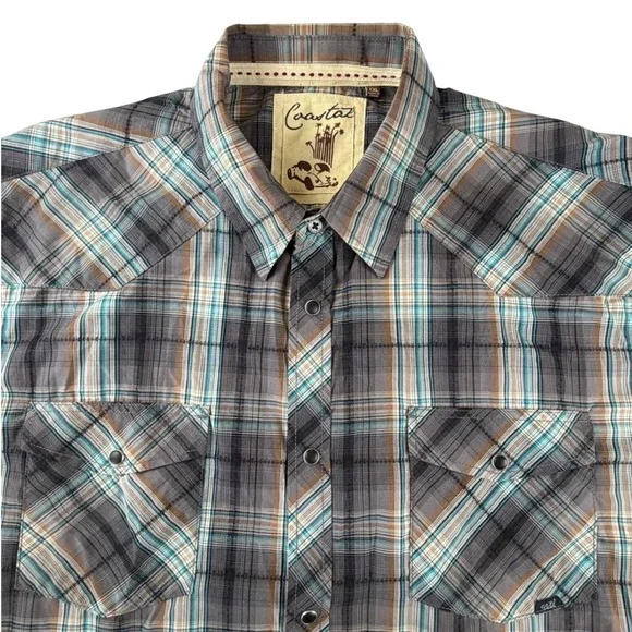 Coastal Mens XXL Short Sleeve‎ Western Plaid Pearl Snap Shirt Grey Teal Brown