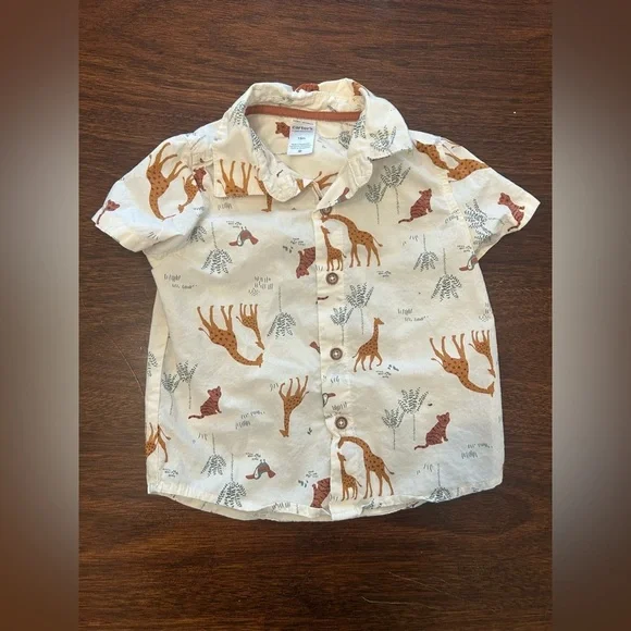 Carter's Cream Button-Down Shirt with Brown Giraffe Print