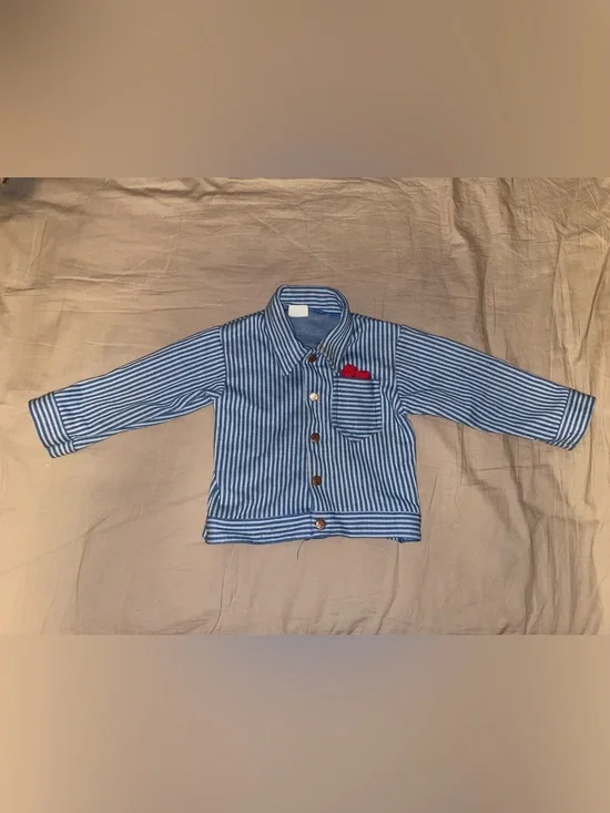 Carter's Blue & White Striped Button-Down Shirt with Red Pocket Accent