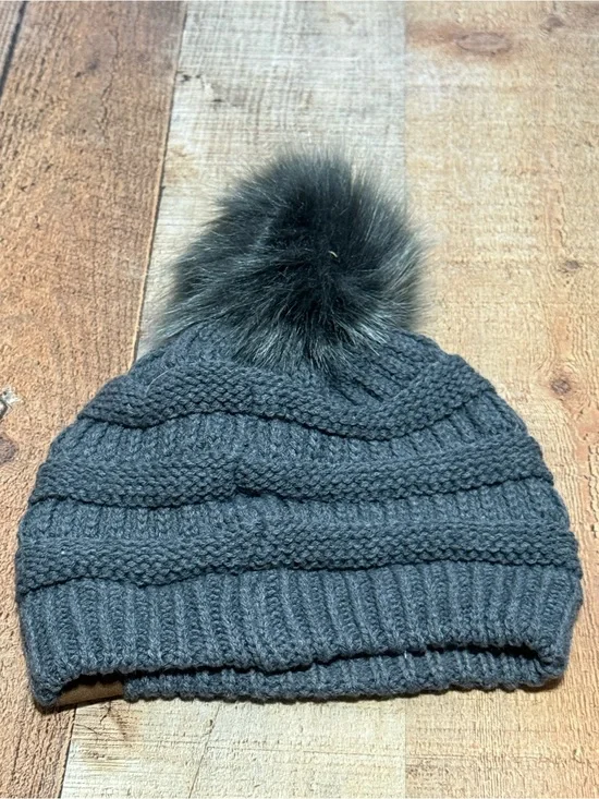 Upcycled luxury CC Pom Pom gray beanie hat  One size  Good pre owned condition