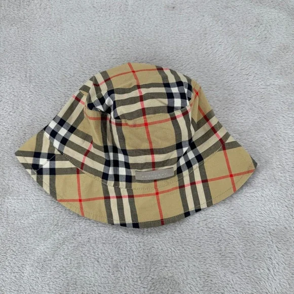 Vintage Burberry London Bucket Hat Tartan Plaid Womens M Beige‎ Preowned Cotton