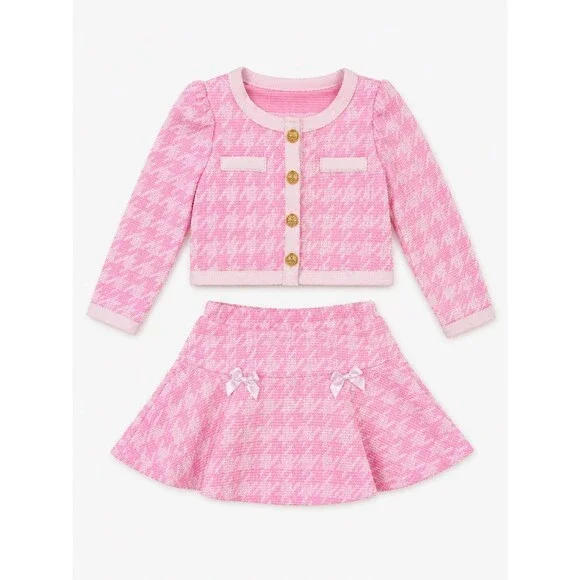 Boutique Girls 2T Pink Tweed Skirt Set Gold Button Jacket Preppy Special