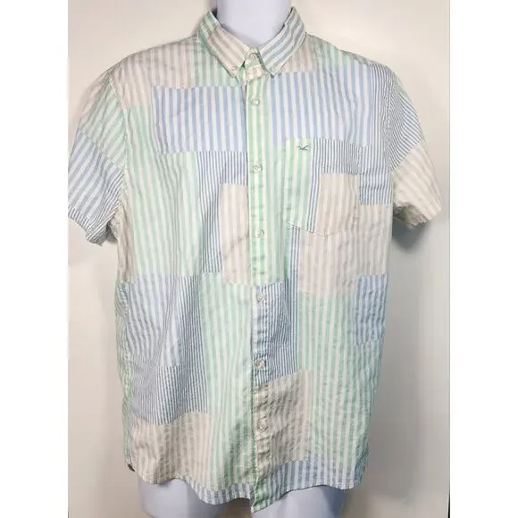 Hollister Patchwork Stripe Button Shirt L Blue Green‎ Casual Preppy