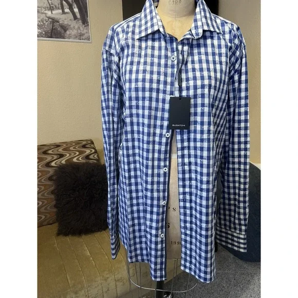 Bugatchi NeMens Medium Shaped Fit Blue / White‎ Plaid Long Sleeve Shirt Light