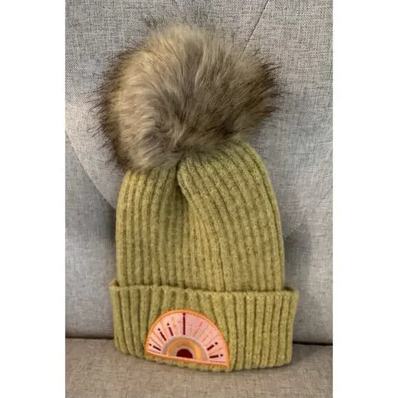Virginia Wolf Sunray Beanie Hat Faux Fur Snap on Pom Gold Mustard Knit Beachly