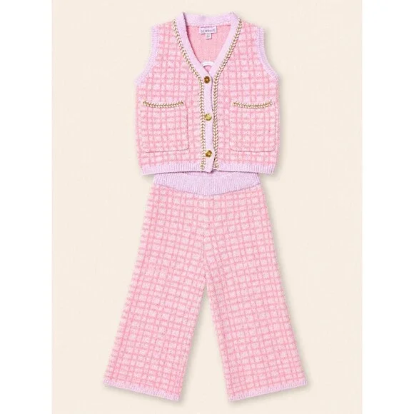Btween Girls Size 2T Pink Plaid Knit Sweater Vest & Pants 2-Piece Set Gold Trim