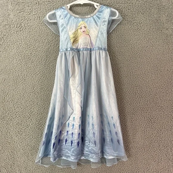 Disney Frozen Elsa Nightgown Kids 4T Blue Excellent Mesh Overlay Dress Up Gown