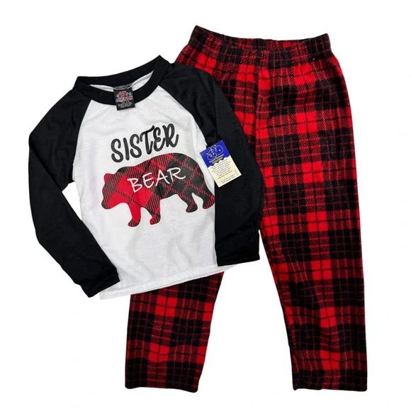 PJs & Presents Kids Sister Bear Buffalo Plaid Pajama Set Red Black White 4/5
