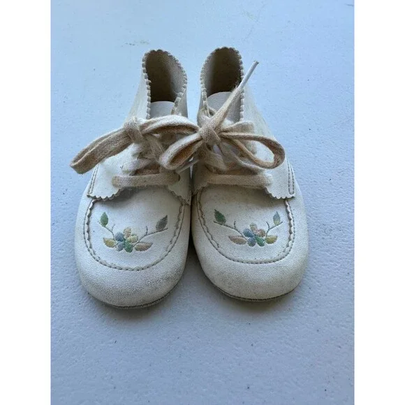 Vintage Carter's Baby Girl Embroidered Flowers Leather Bootie Walkers Shoes 3