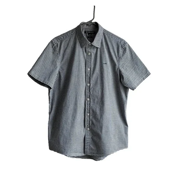 Michael Kors Mens Gingham Short Sleeve Button Down Shirt Size M Navy White