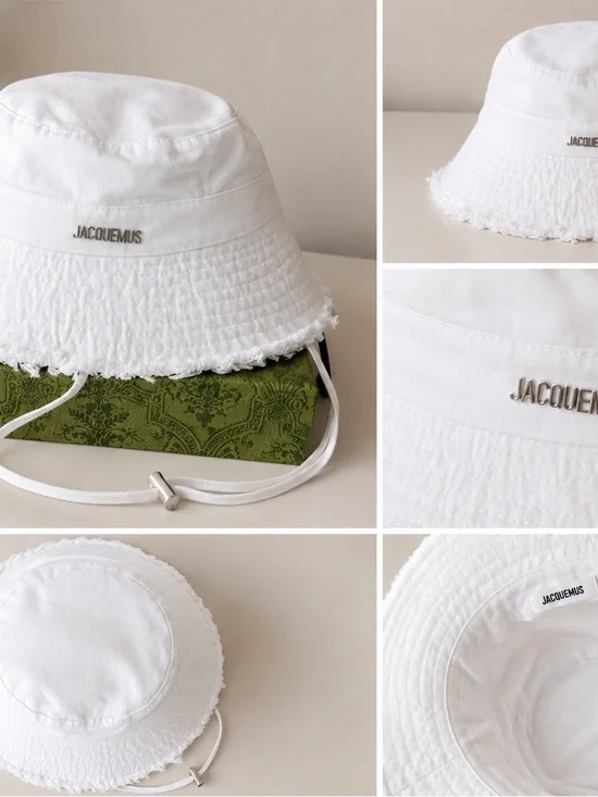 Jacquemus White Frayed-Edge Bucket Hat with Chin Cord