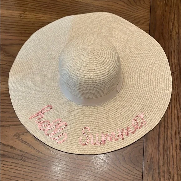 Beige Sun‎ Hat with Pink Sequins HELLO SUMMER