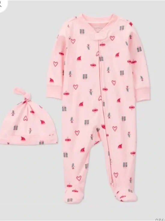 💼2️⃣Carter's Pink Heart & Holiday Icon Zip-Front Baby Footed Pajamas with Hat