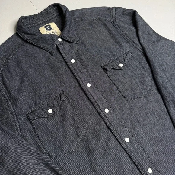 Levis Mens Large Dark Gray Pearl Snap Western Shirt Long Sleeve Cotton