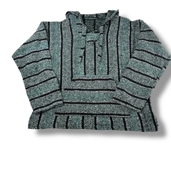 Baja Poncho Style Pullover Hoodie –‎ Teal & Black Stripe